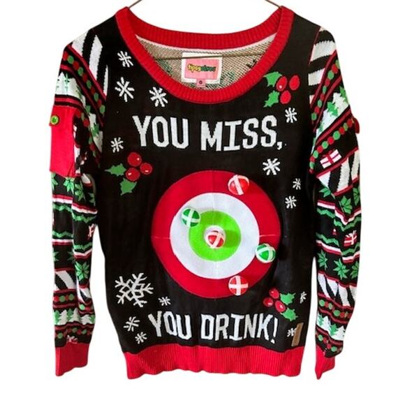Tipsy Elves “You Miss, You Drink!” Target Game Christmas Sweater, Size M NWT - Picture 3 of 10